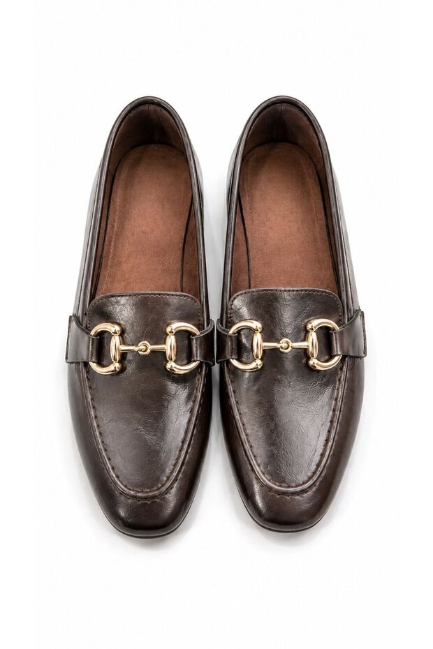 Spring Season Women's Brown Yanke Loafer Ballet Flats - Stylish Comfortable Daily Shoes with Gold Accessory Detail