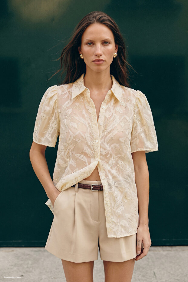 Embroidered Short Sleeve Shirt - Beige