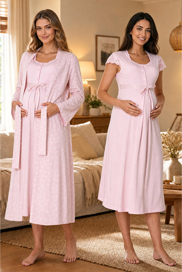 Soft Textured Maternity Nightgown Set Effortt - Pink