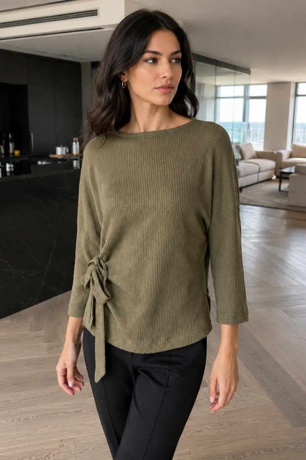 Women's Khaki Crew Neck Soft Textured Batwing Sleeve Tie Front Blouse Arm-26K001021