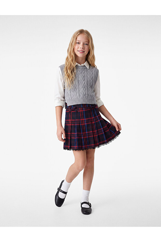 Plaid Mini Skirt with Bow and Pleated Lace Detail