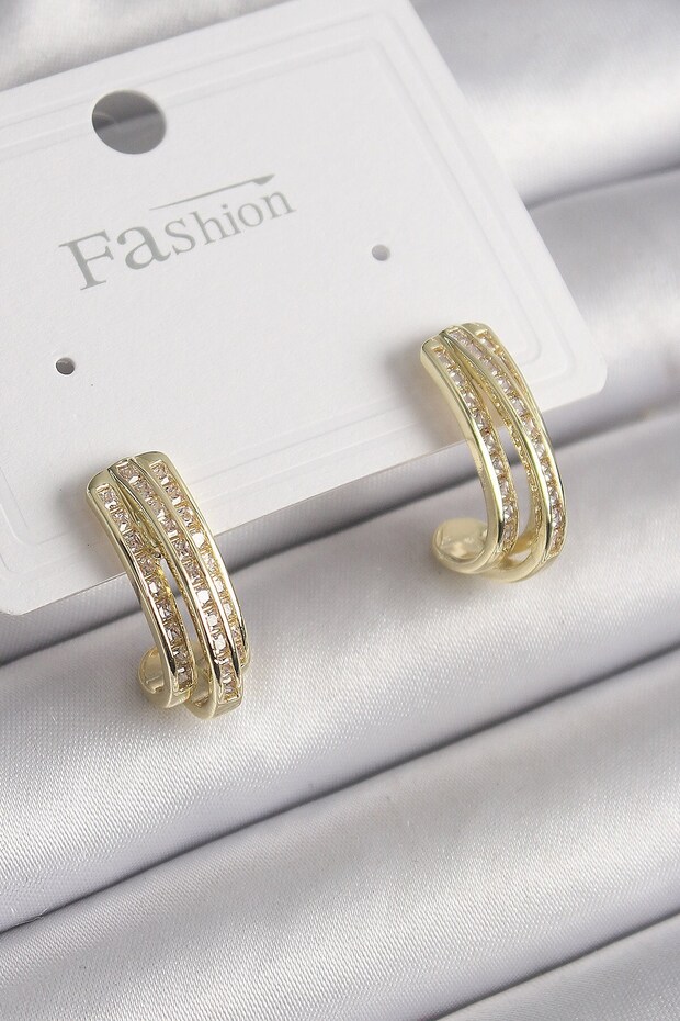 Brass Gold Color Zircon Stone Half Ring Model Women's Earrings