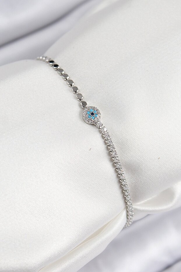 Brass Zircon Stone Evil Eye Model Crushed Chain Silver Color Women's Bracelet