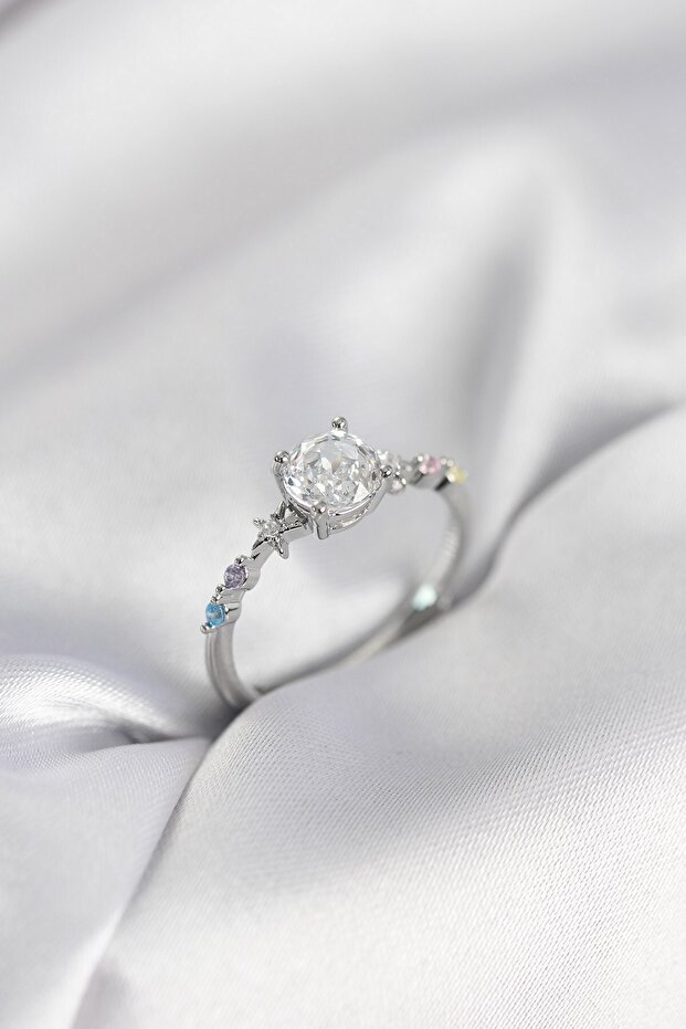 Single Stone Model Zircon Stone Silver Color Women's Ring