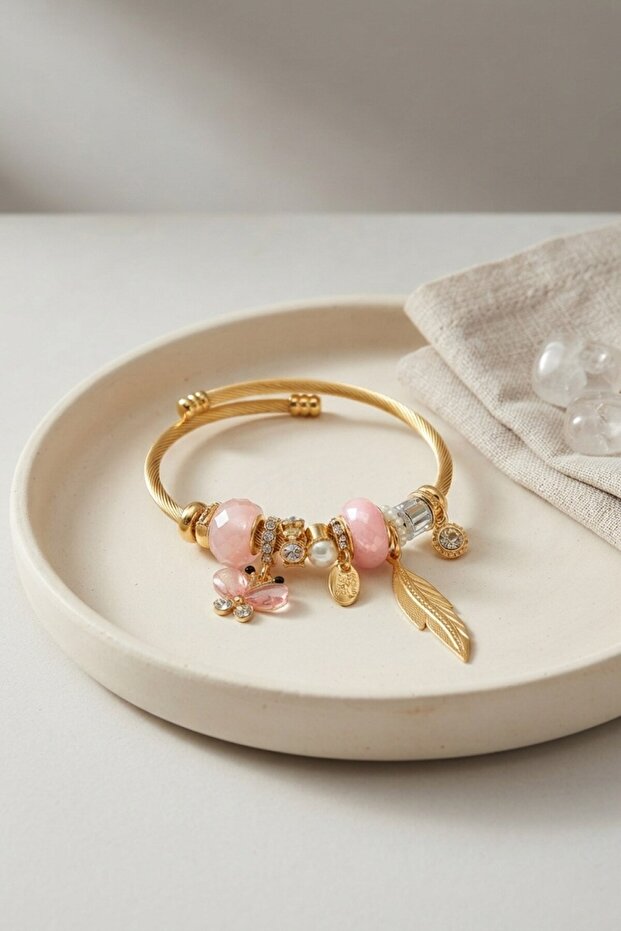 Butterfly Model Gold Color Pink Charm Bracelet