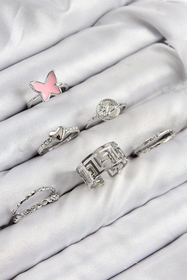 Brass Butterfly and Heart Model Silver Color Women's Ring Combination Set