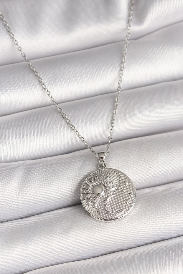 316L Steel Silver Color Chain Zircon Stone Moon Sun Engraved Medallion Model Women's Necklace
