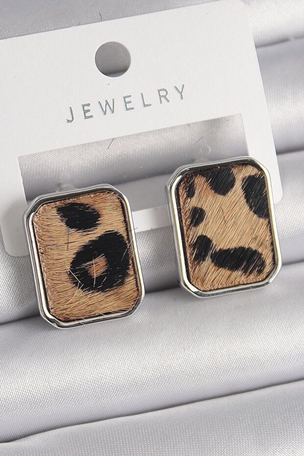 Brass Silver Color Leopard Print Square Model Women's Earrings