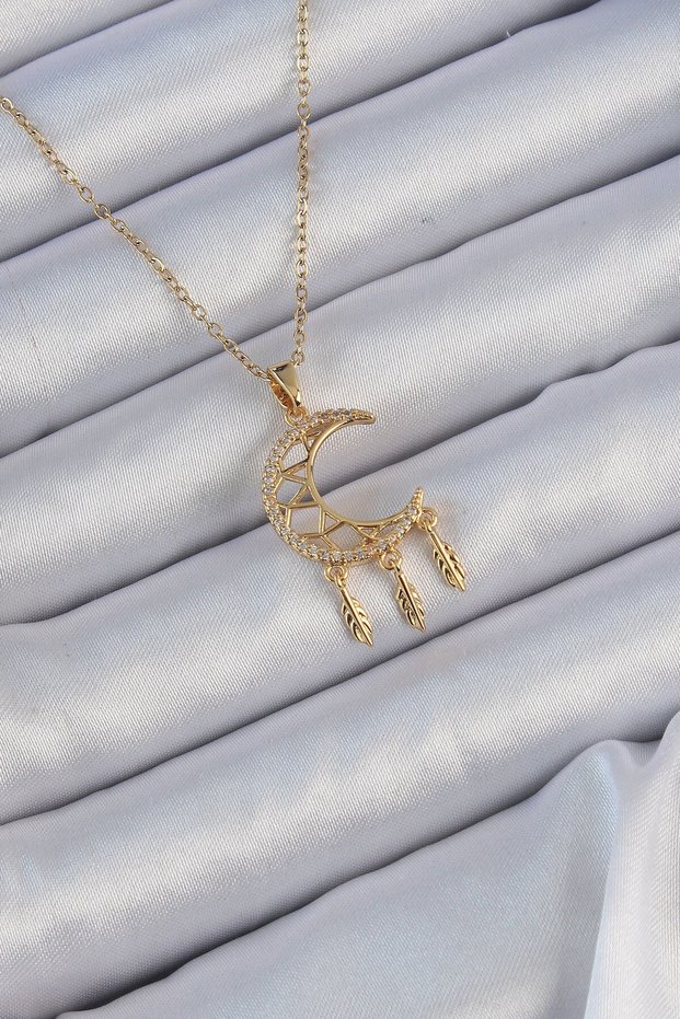 316L Steel Chain Gold Color Embroidered Zircon Stone Moon Necklace