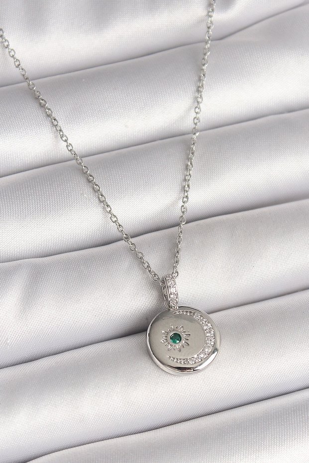 316L Steel Silver Color Chain Medallion Zircon Stone Embroidered Crescent Star Model Women's Necklace