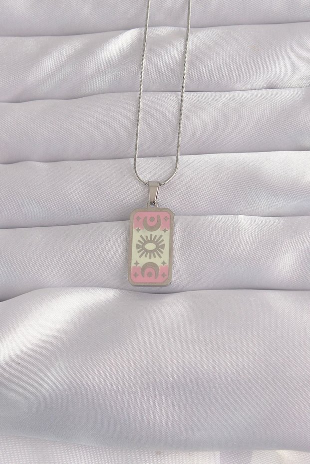 316L Steel Silver Color Pink Enamel Moon Figure Tarot Necklace