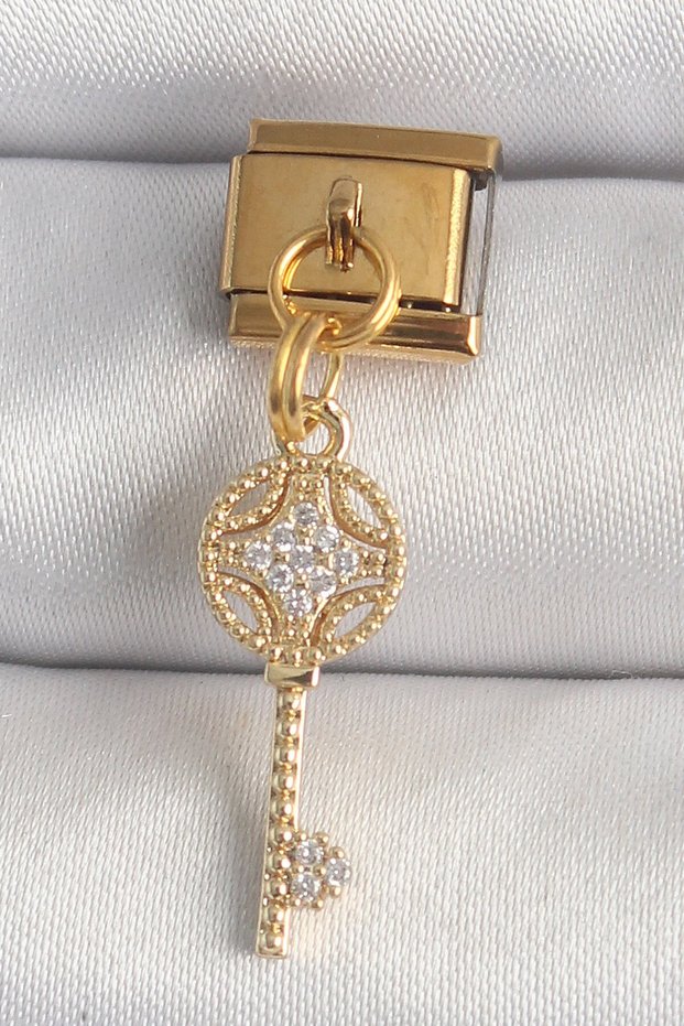 316L Steel Gold Color Hanging Zircon Stone Key Model Nomination Charm
