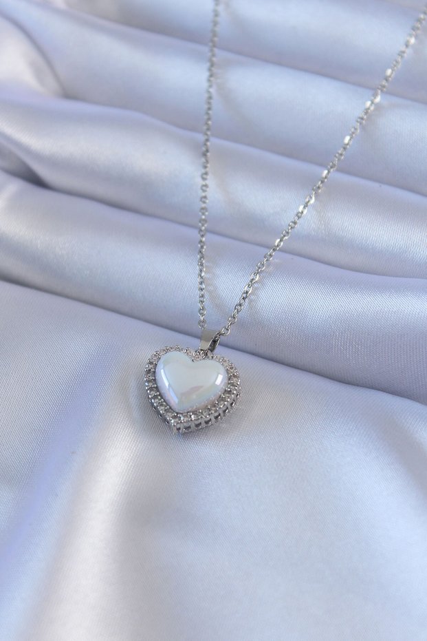 316L Steel Silver Color Pearl Heart Model Zircon Stone Women's Necklace