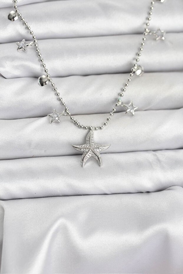Brass Silver Color Zircon Stone Starfish Model Women's Necklace