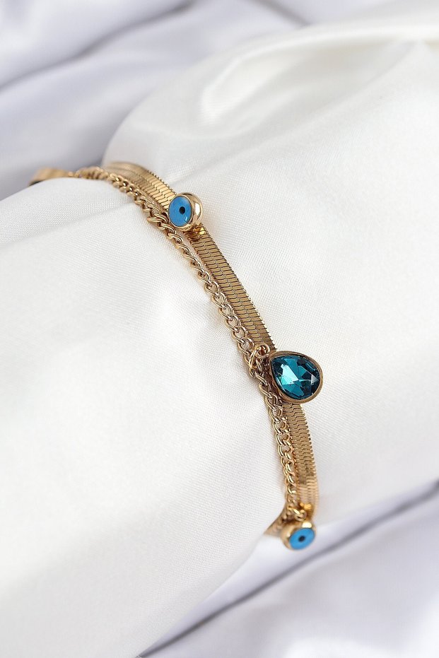 316L Steel Evil Eye Bead Detailed Blue Zircon Stone Model Italian Chain Gold Color Women's Bracelet