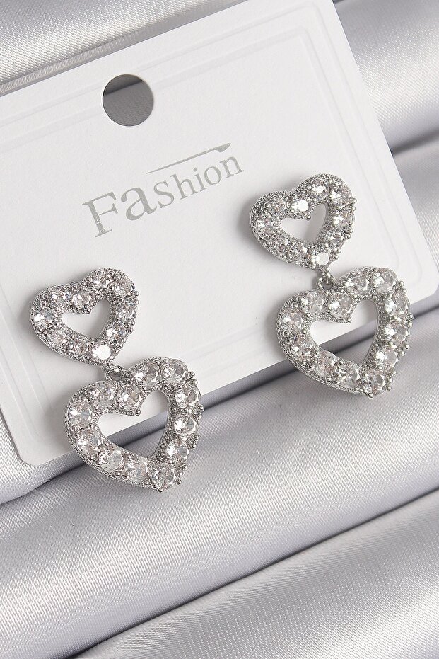 Brass Silver Color Zircon Stone Dangle Heart Model Women's Earrings