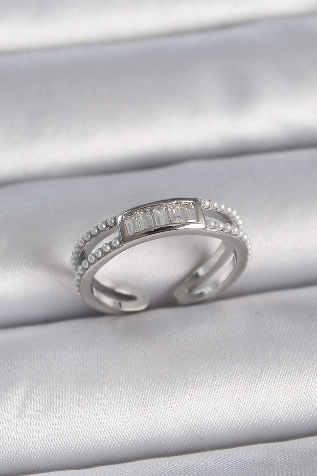 Brass Silver Color Adjustable Row Pearl Zircon Stone Women's Ring