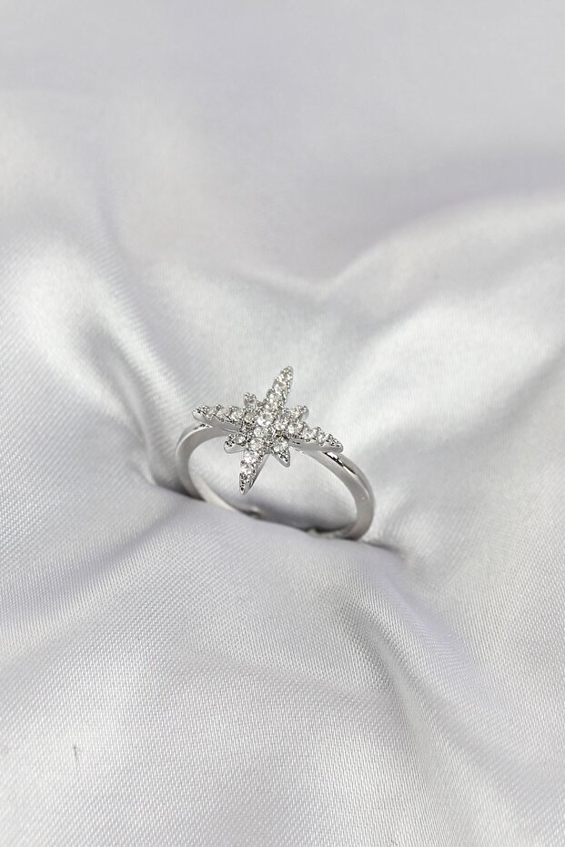 Brass Silver Color Pole Star Model Zircon Stone Women's Ring