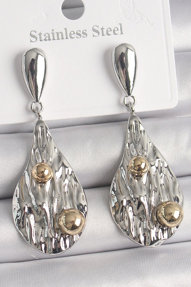 Brass Silver Color Dangle Drop Model Gold Ball Detail Women's Earrings