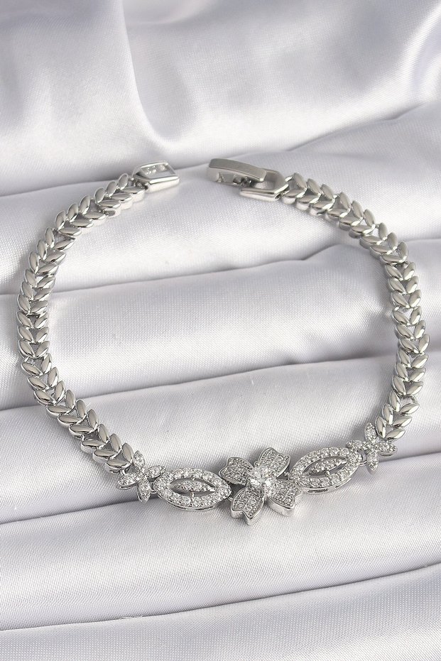 Brass Silver Color Zircon Stone Flower Figure Barley Chain Model Women's Bracelet