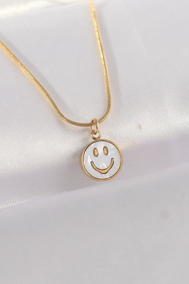 316L Steel Chain Gold Color Marble Patterned Minimal Smile Necklace