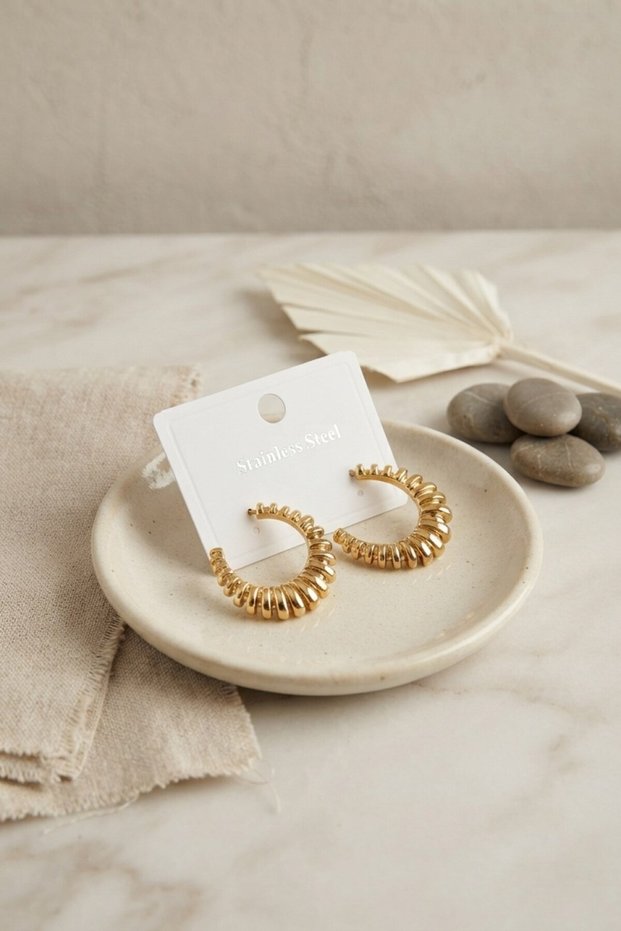 316L Steel Gold Color Serrated Hoop Model Earrings