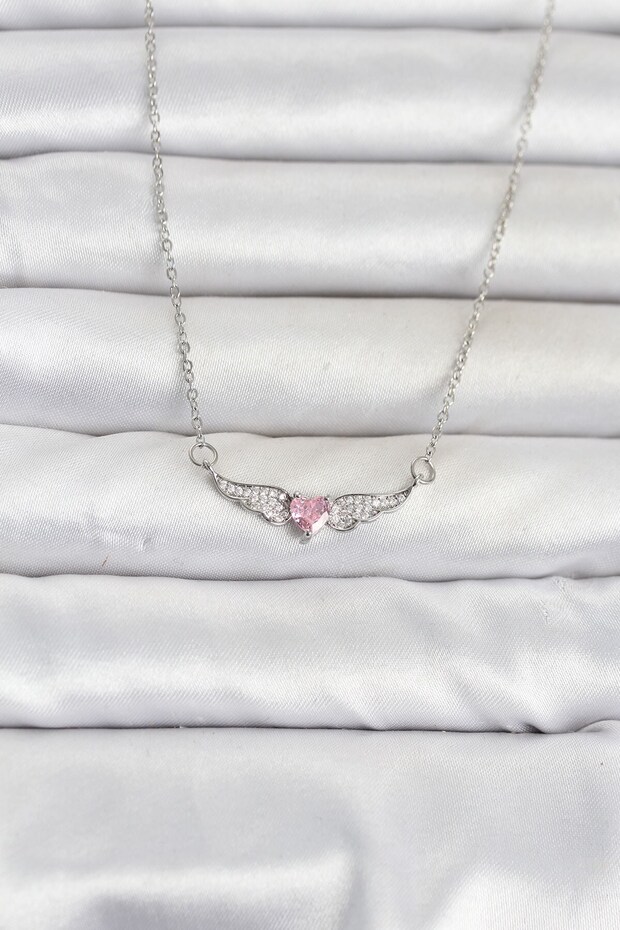 316L Steel Chain Silver Color Winged Pink Heart Model Women's Necklace