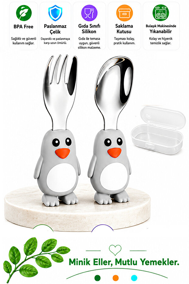 Premium Children's Bpa Free Silicone Handle with Penguin Figure Stainless Steel Tip Fork-Spoon Set 9+ Months