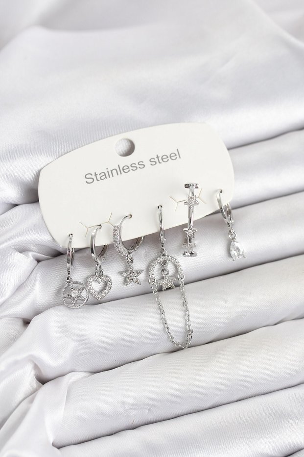 316L Steel Silver Color Zircon Stone Chain Detailed Women's Earring Set