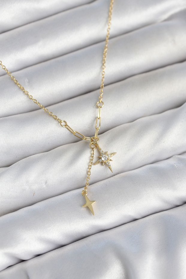 Brass Gold Color Zircon Stone Minimal Dangle Pole Star Model Women's Necklace
