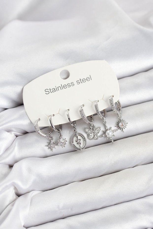 316L Steel Silver Color Zircon Stone Charm Detailed Women's Earring Set