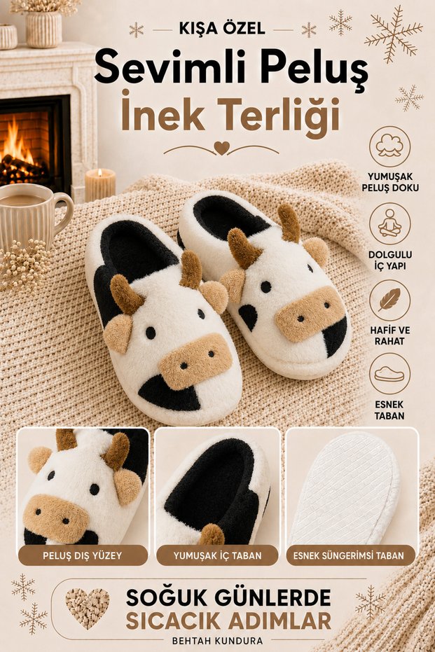 Cow Figured Embroidered Winter Unisex House Slippers Non-Slip Silent Sole