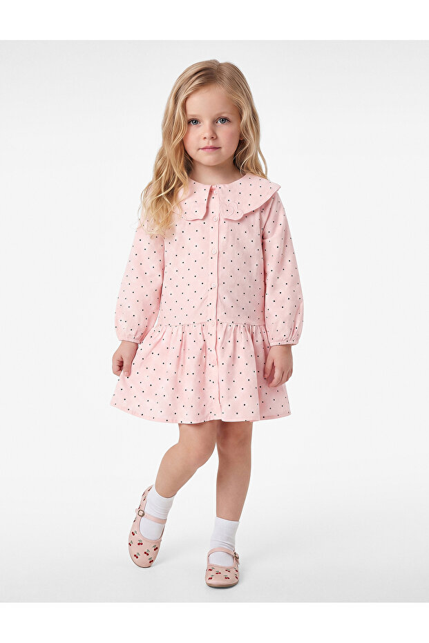 Cotton A-Line Long Sleeve Polka Dot Baby Collar Dress