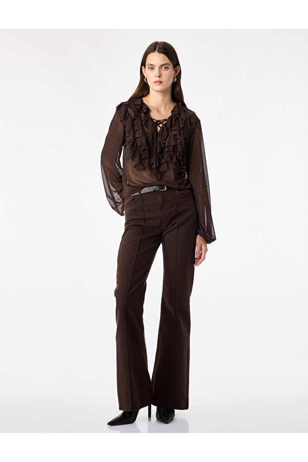 Layered Ruffle Tulle Lace-Up V-Neck Long Sleeve Tulle Blouse