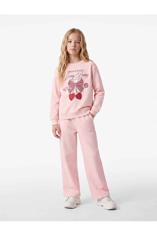 Three Thread Long Sleeve Crew Neck Glittery Heart Bow Printed Sweatshirt