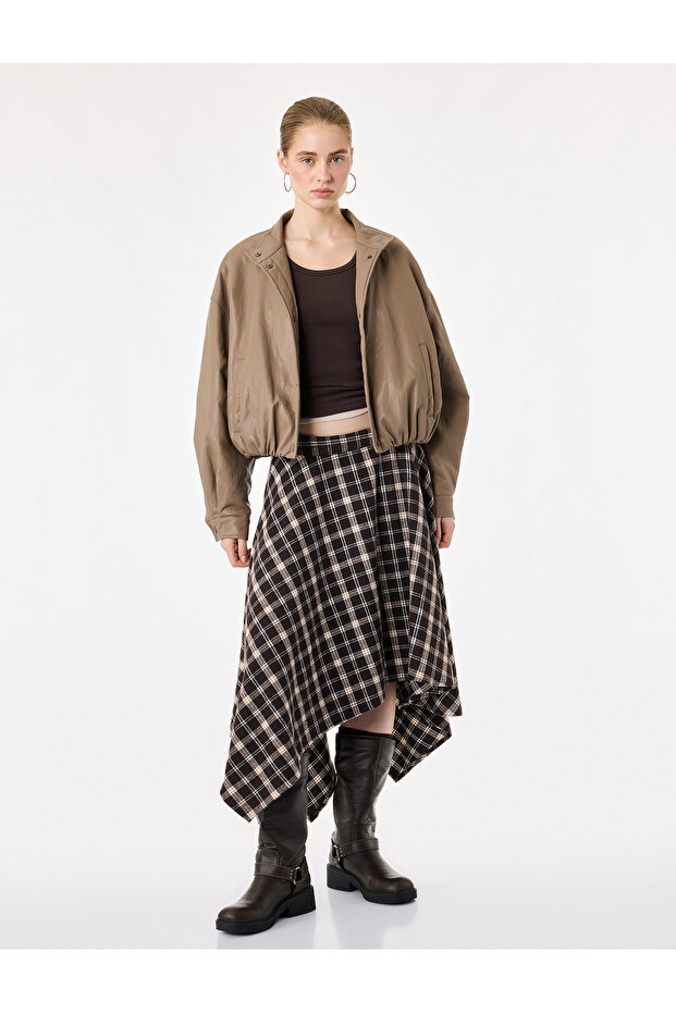 Asymmetrical Cut Plaid Midi Skirt