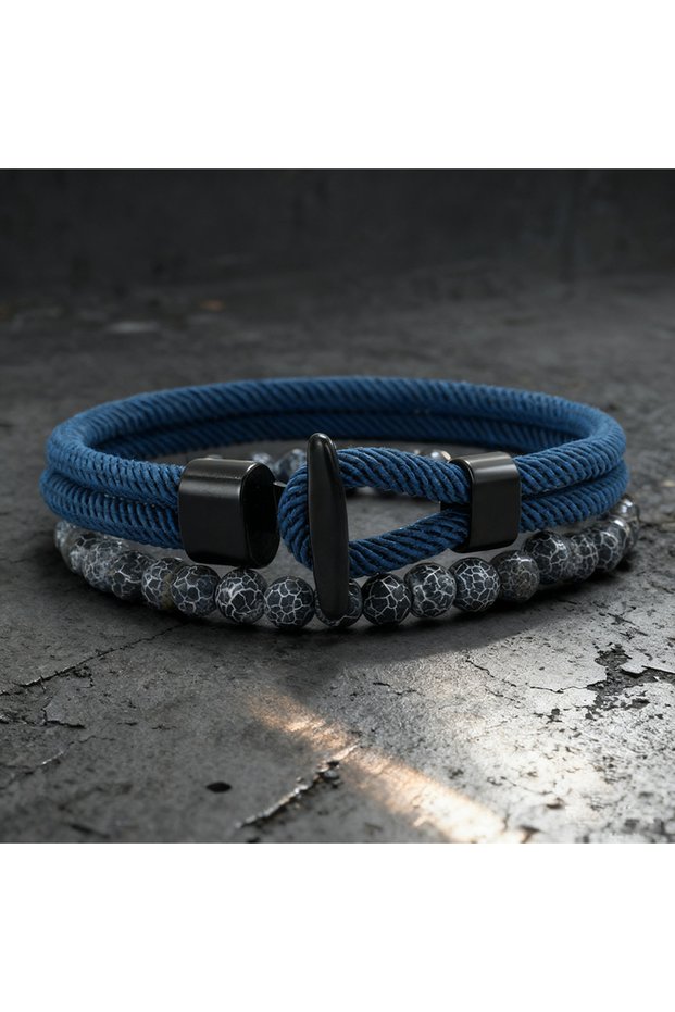 LW Blue Noter Stylish 2Pcs Men Bracelet Set 6 Colors Available Hiphop Nautical Wrap Rope Braslet Tig
