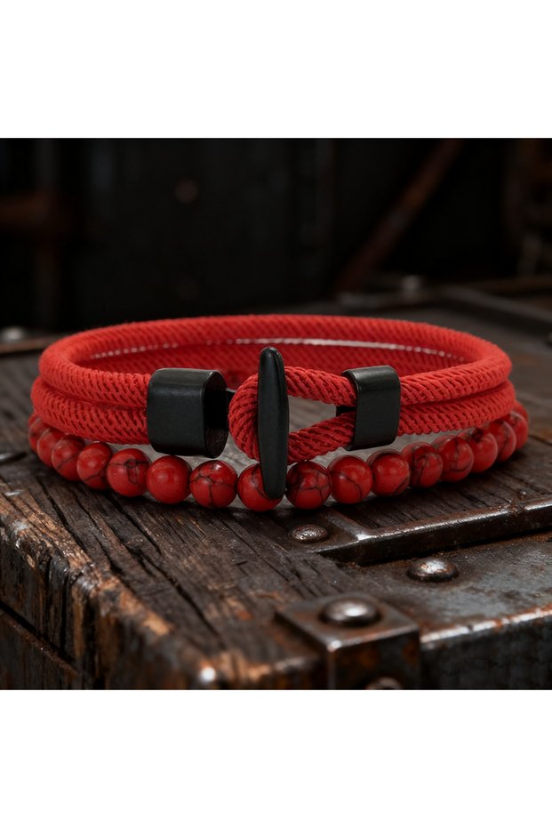 Red howlite Noter Stylish 2Pcs Men Bracelet Set 6 Colors Available Hiphop Nautical Wrap Rope Braslet
