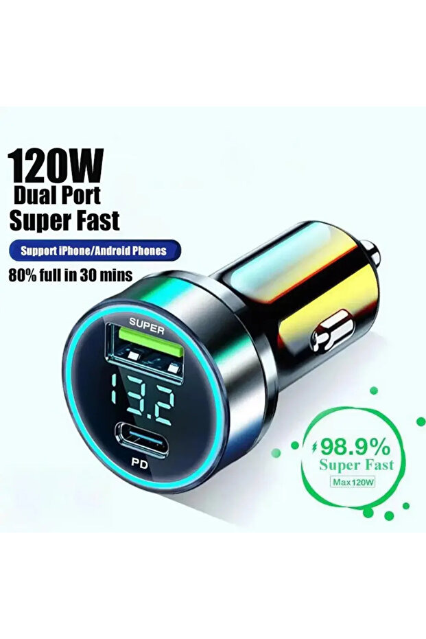 black 120W USB Digital Display Car Charger Fast Charging 2 Port USB PD Charger in Car PD Car Adapter