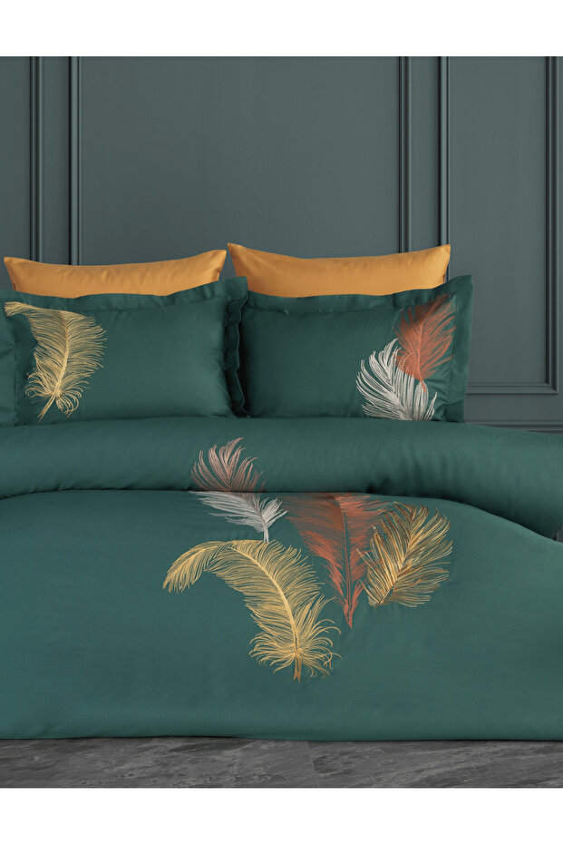 Embroidered Cotton Satin Duvet Cover Set - Green