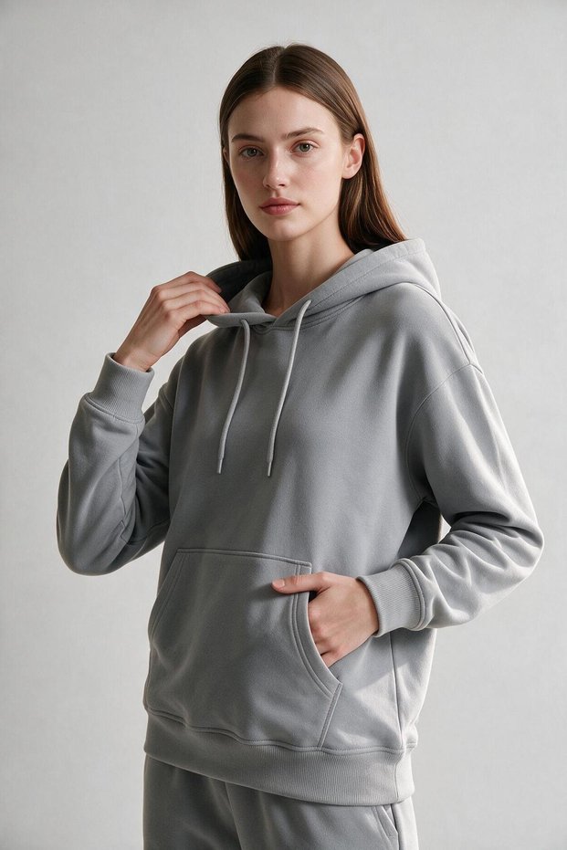 Women's Light Smoked Hooded Sweatshirt with Kangaroo Pocket and 3-Thread Inner Fleece