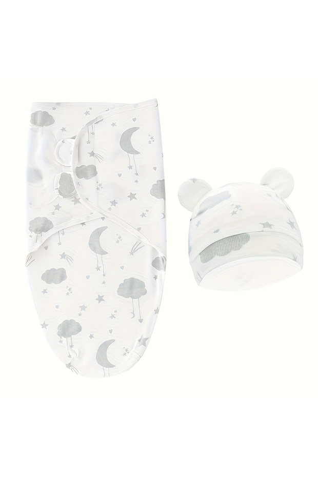 WHITE 1PC Baby Swaddle Set with Hat, Soft Gray, Star, Cloud & Moon Patterns for Boys and Girls, Holi