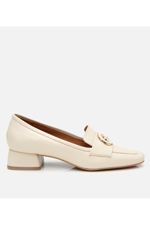 Women's Leather Ecru Buckle Thick Heeled Classic Loafer