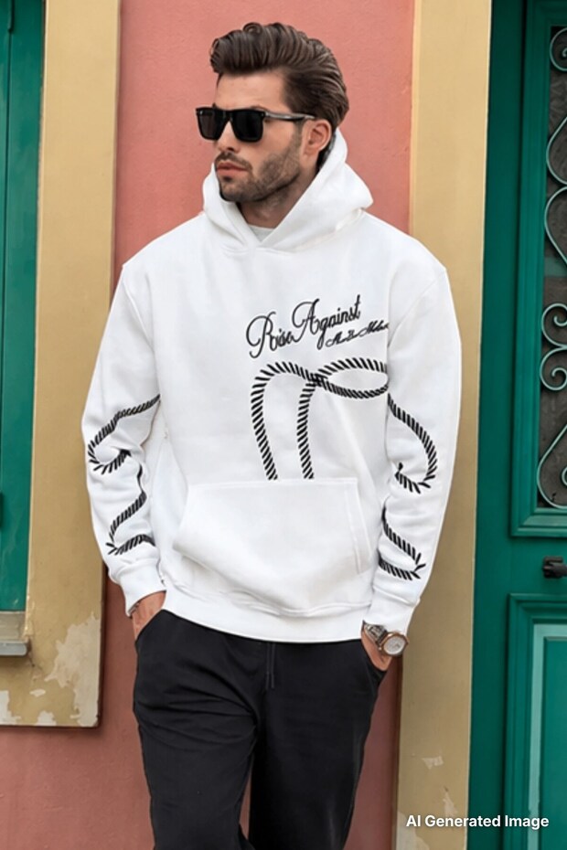 Ecru Printed Hooded Men's Sweatshirt with Pocket Detail 7067