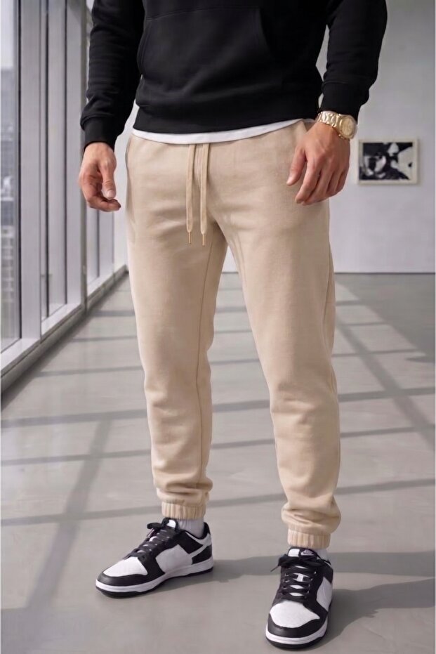Men's Beige Combed Cotton Sweatpants