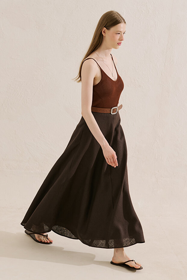Linen Flawed Skirt Acikahve