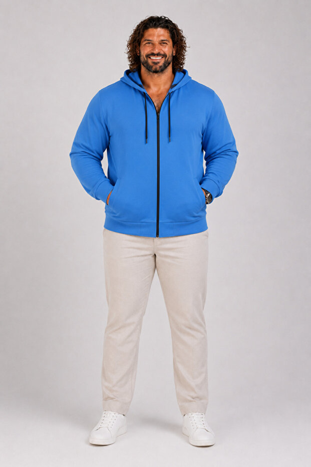 Plus Size Basic Seasonal Zippered Hooded Sweat 22751 COBALT BLUE