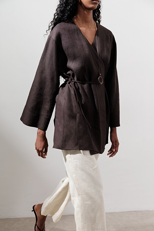 Linen Cruvaze Closure Kimono Aci Brown