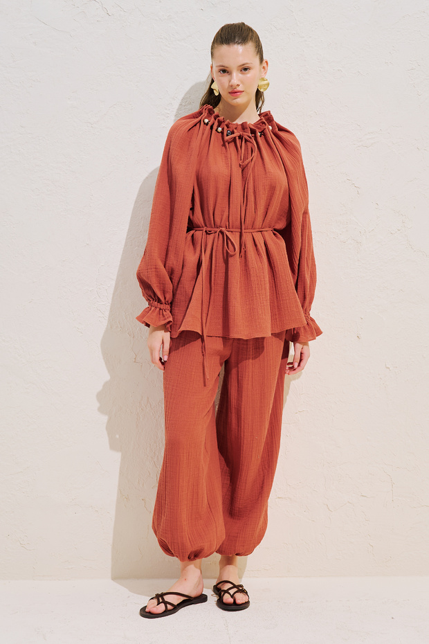 Cuffed Collar Muslin Blouse Orange