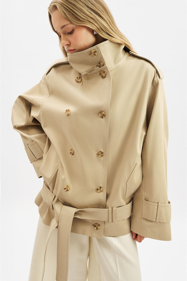 Belted High-Collar Short Trench Coat Sand